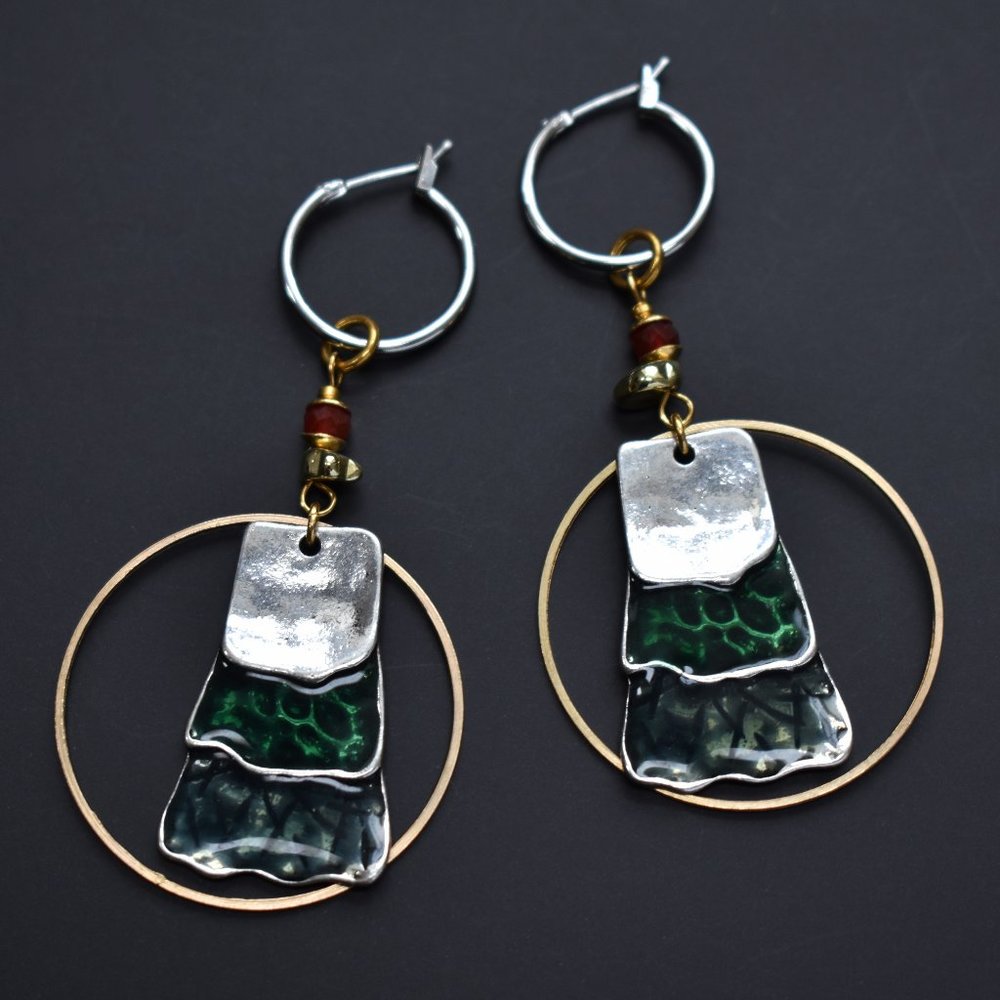 Statement dangle hoops earrings, large colorful charm hoops